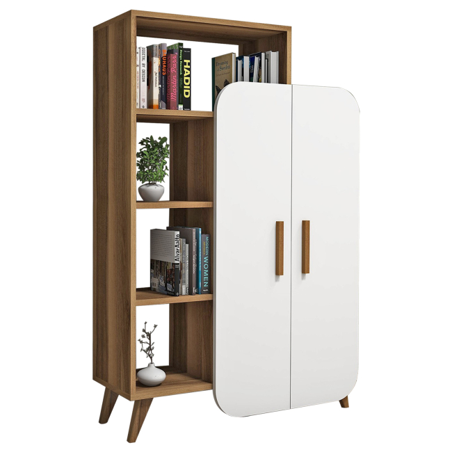 MELAMINE CABINET WITH SELVES IN WALNUT AND WHITE FB98878.01 90X32X132cm.