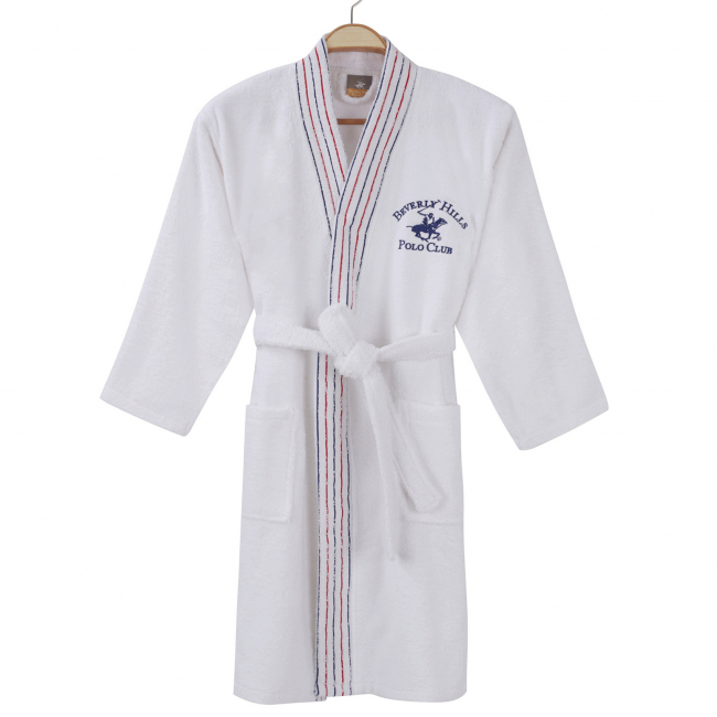 BATHROBE WITH COLLAR L / XL MADE OF 98% COTTON FB912097 WHITE WITH RED & BLUE STRIPES 355BHP1701 - L/XL